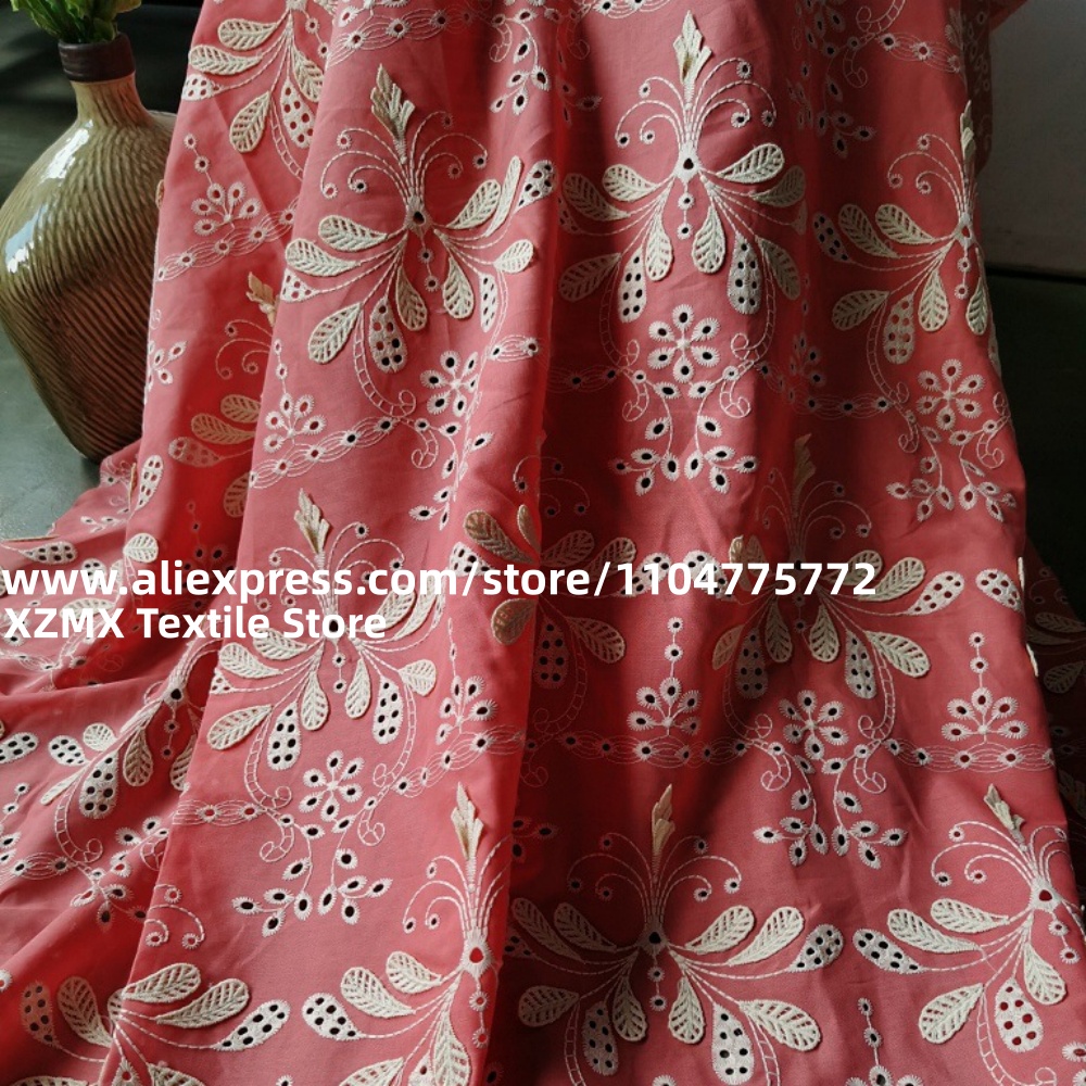 Vintage Sewing Textile - Red Base 3D Floral Embroidery Fabric,